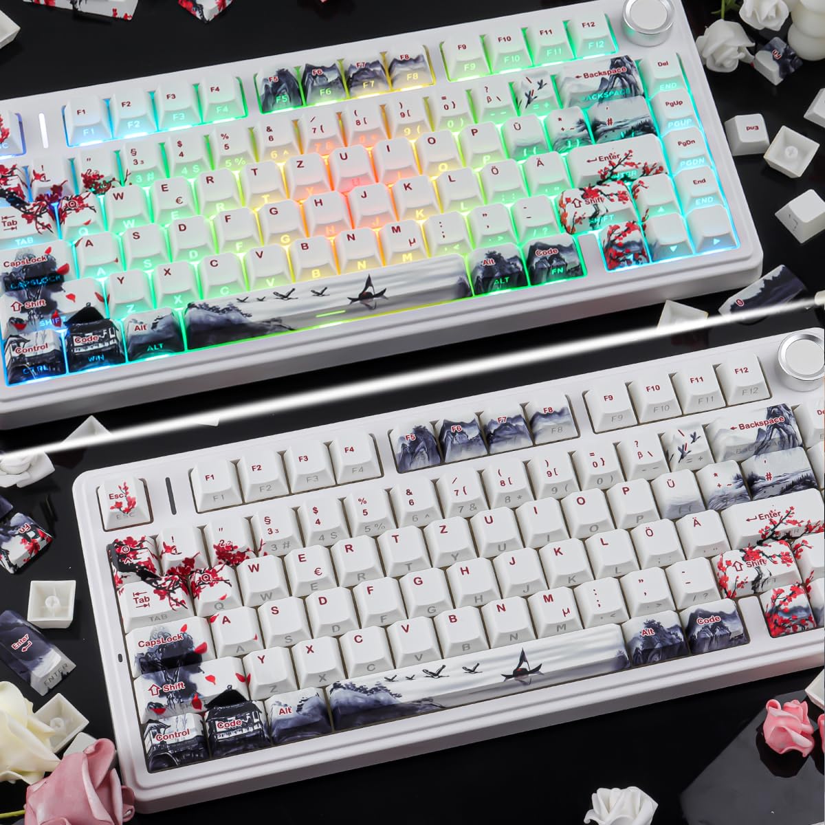 PBT German Keycaps, 133 Keys Double Shot Landscape Plum Blossom Keycaps Dye-Sub Cherry Profile Side Printed Shine Through Keycap for Cherry MX Switch ISO QWERTZ Layout Mechanical Keyboards