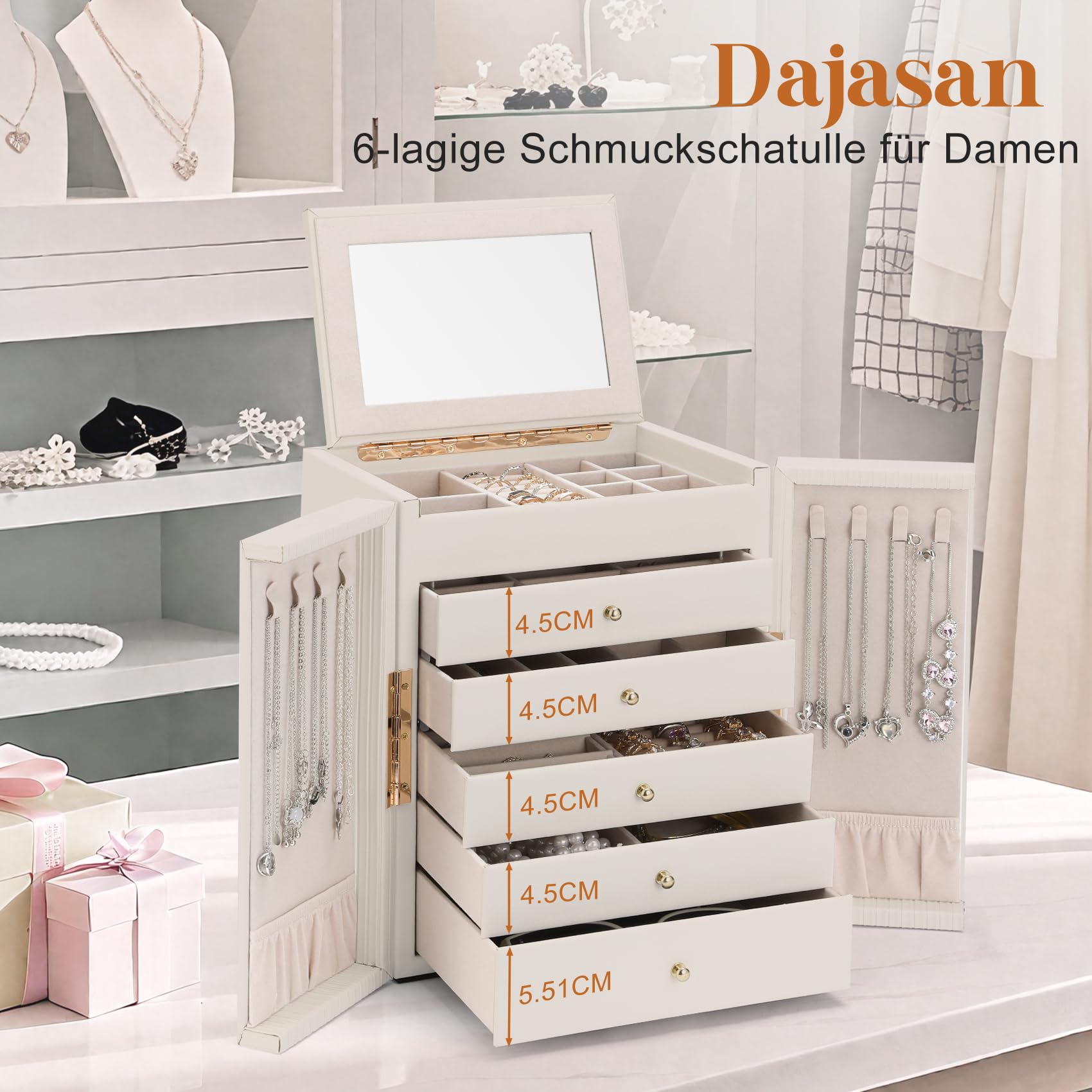 Dajasan Groß Schmuckaufbewahrung, 6 Ebenen Schmuckkästchen mit 5 Schubladen, Schmuckkasten mit Spiegel & Doppeltür, Schmuckschrank aus Vertikales Textur Leder, Modern, Geschenk für Damen (Beige)