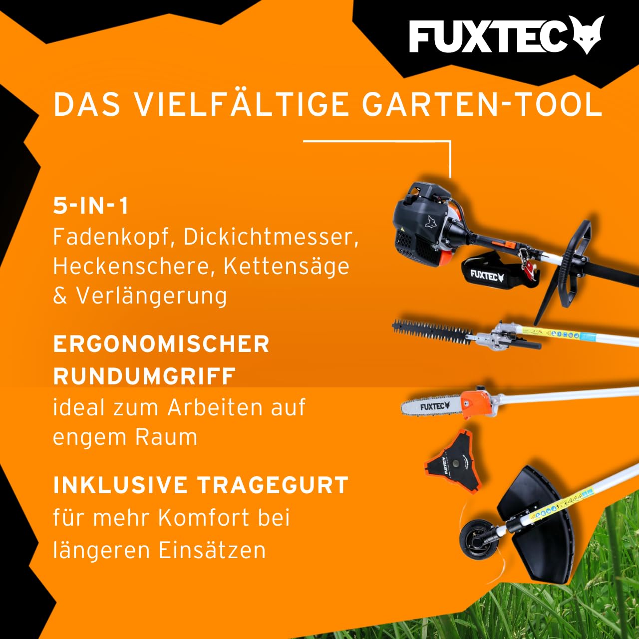 FUXTEC Benzin Motorsense FX-MT152E 5in1 Multitool, 52 cc, Profi-Tragegurt und inkl. 1m Verlängerung 3 PS Kombigerät Heckenschere Hochentaster Kombisystem Freischneider fs 2-Takt Test Oberklasse 1,4