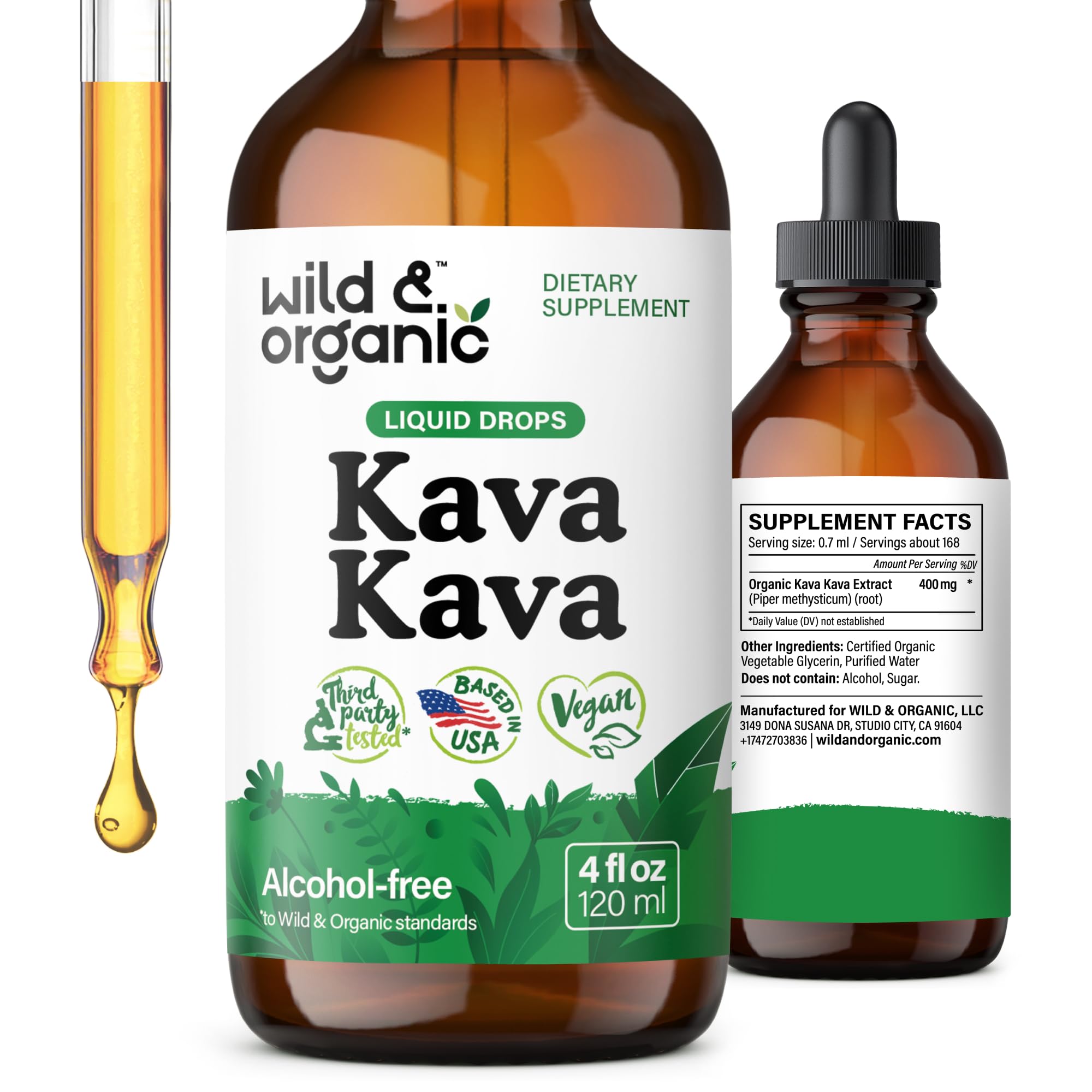 Wild & Organic Kava Kava Drops 400 mg - Calmness & Relaxation Supplement - 5-Month Supply - Vegan, Sugar & Alcohol-Free Liquid Root Extract Drops - 4 fl oz