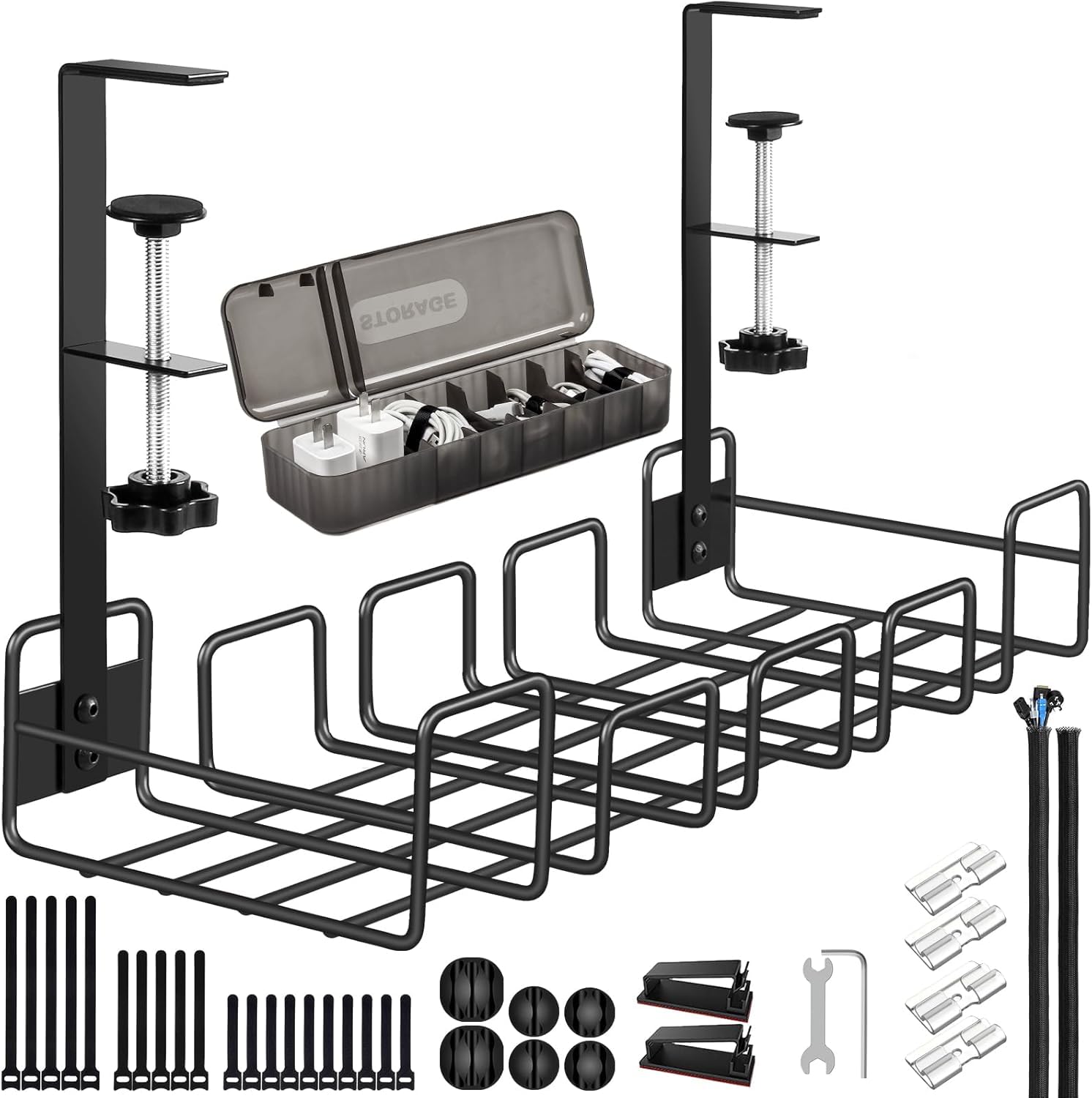 OneLeaf Under Desk Cable Management Tray, No Drill Mental Wire Rack for Home, Office Desk Cable Organisers for Cords, Computer Accessories, Table Basket with Organization Box, Large