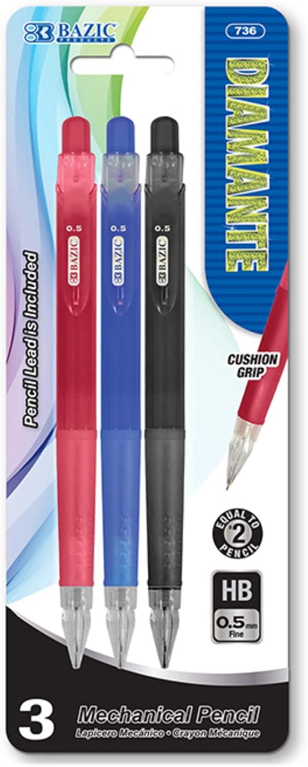 BAZIC Mechanical Pencil 0.5mm Diamante, Soft Grip Latex Free Eraser, Smooth Writing Pencils Lead for Drafting Drawing Sketching (3/Pack), 1-Pack