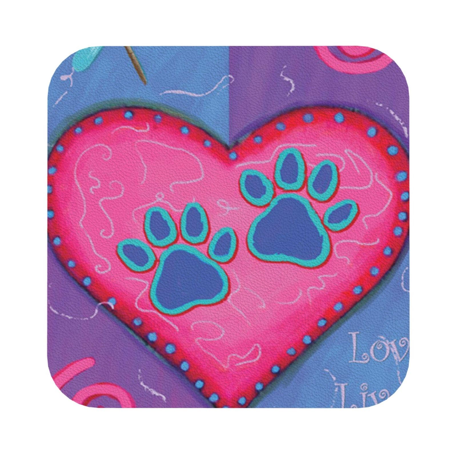 Dog Animal Pet Paw PU Leather Coasters Set of 6 Square Drink Coasters