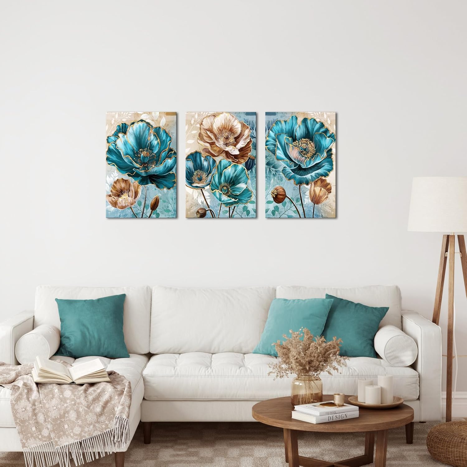 sechars Teal and Brown Wall Decor Turquoise Flower Canvas Art Painting Modern Abstract Floral Picture Artwork Bathroom Decor Framed (Medium)