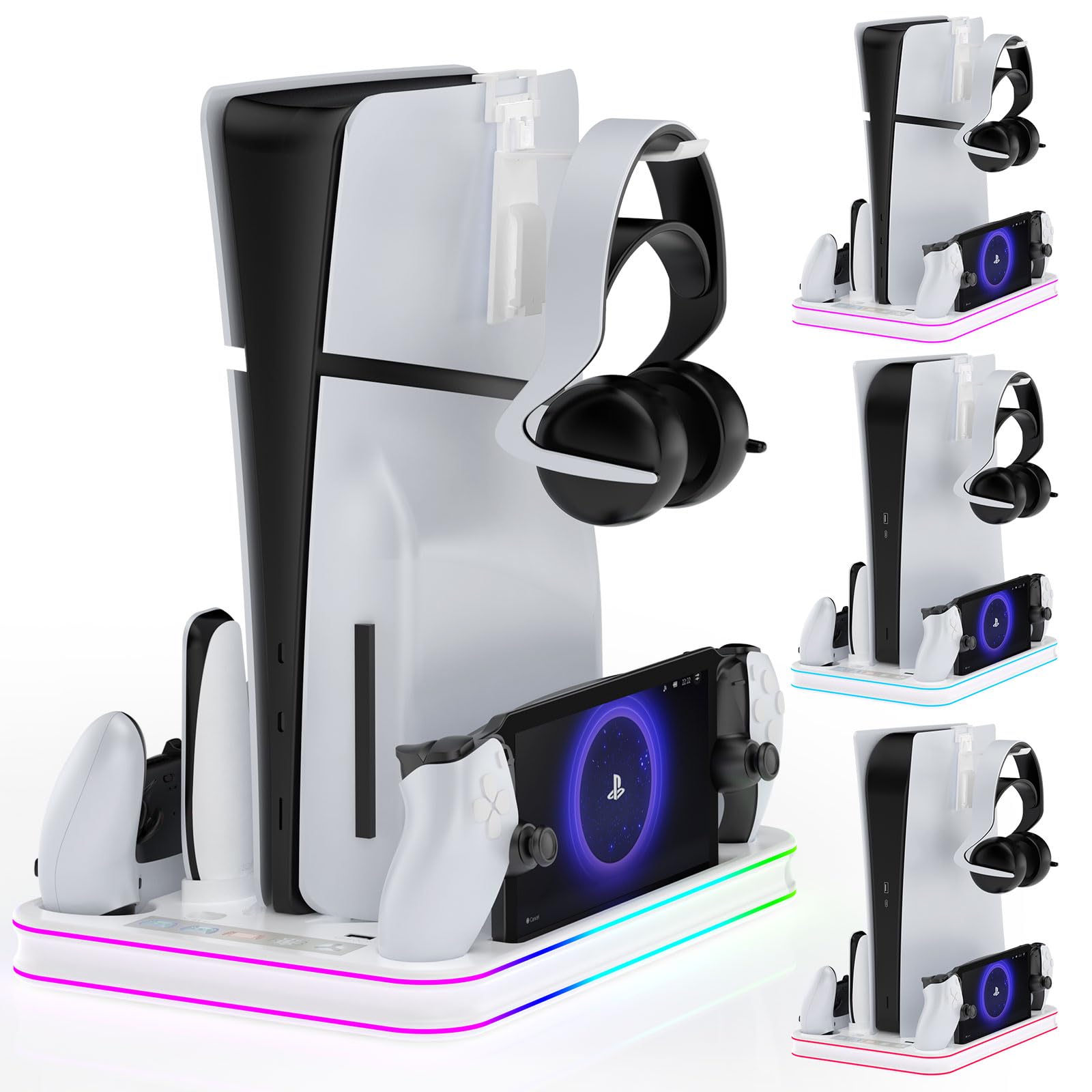 PS5/PS5 Slim Stand and Cooling Station with RGB LED Controller Charging Station for PlayStation 5, Charging Dock for PS5 Edge Controller and PS Portal PS5/PS5 Slim Accessories with 3 Level Cooling Fan