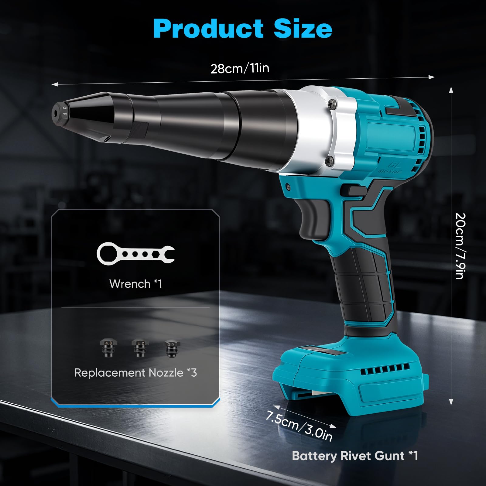 Rivettatore a batteria compatibile con Makita da 18 V, rivettatore a batteria con motore brushless, 3 ugelli per rivetti in alluminio e acciaio inox da 2,4 – 5,0 mm, con lampada a LED