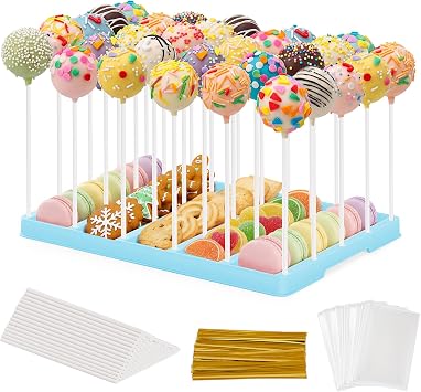 VIVIRBIEN Blue Cake Pop Stand 30 Holes Lollipop Display Holder Kit | Secured Base-Cake Pop Stick/Wrappers Bags/Gold Twist Ties/Lollipop/Macarons Holder-For Dessert /Wedding/Birthday