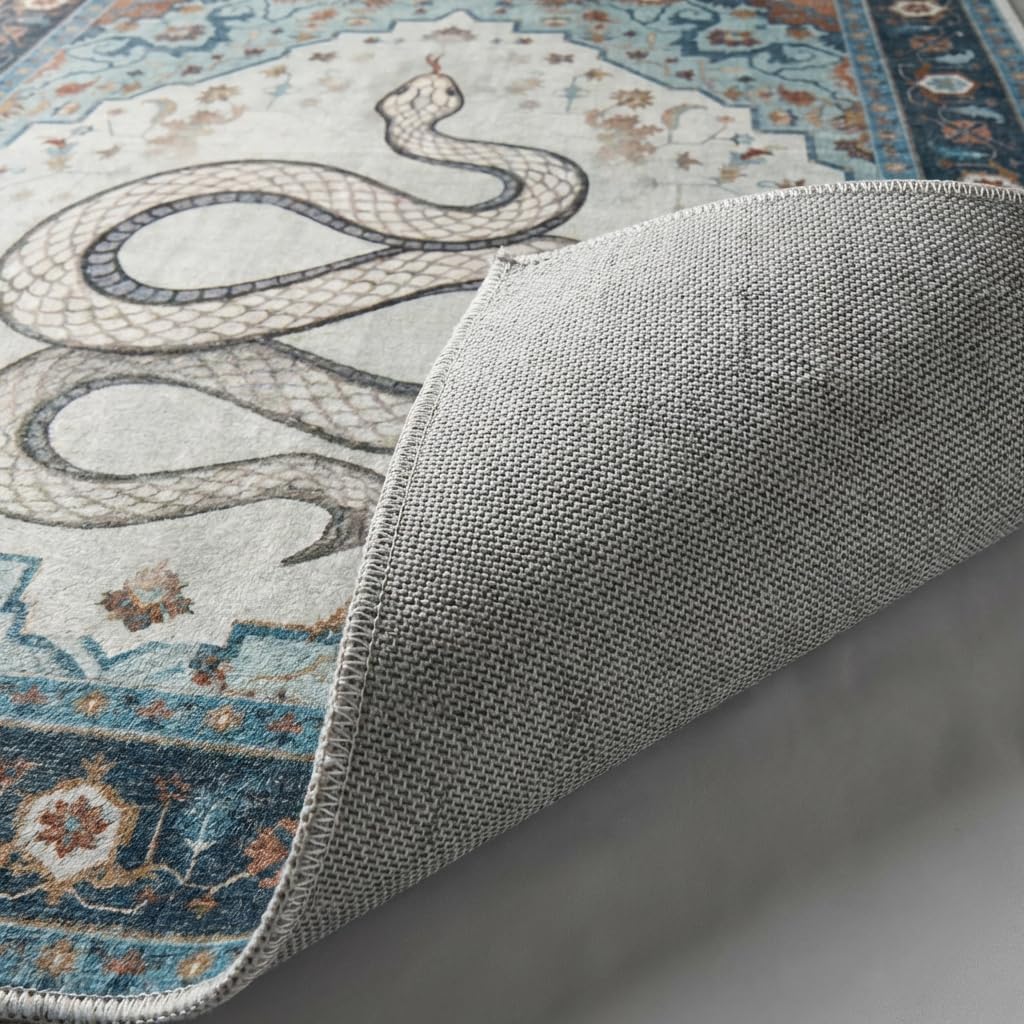 8x10 Area Rug Vintage Persian Snake Motif Rug with Non Slip Backing, Washable Low Pile Soft Off-White Teal Blue Carpet for Bedroom, Living Room, Home Office, Eclectic Decor