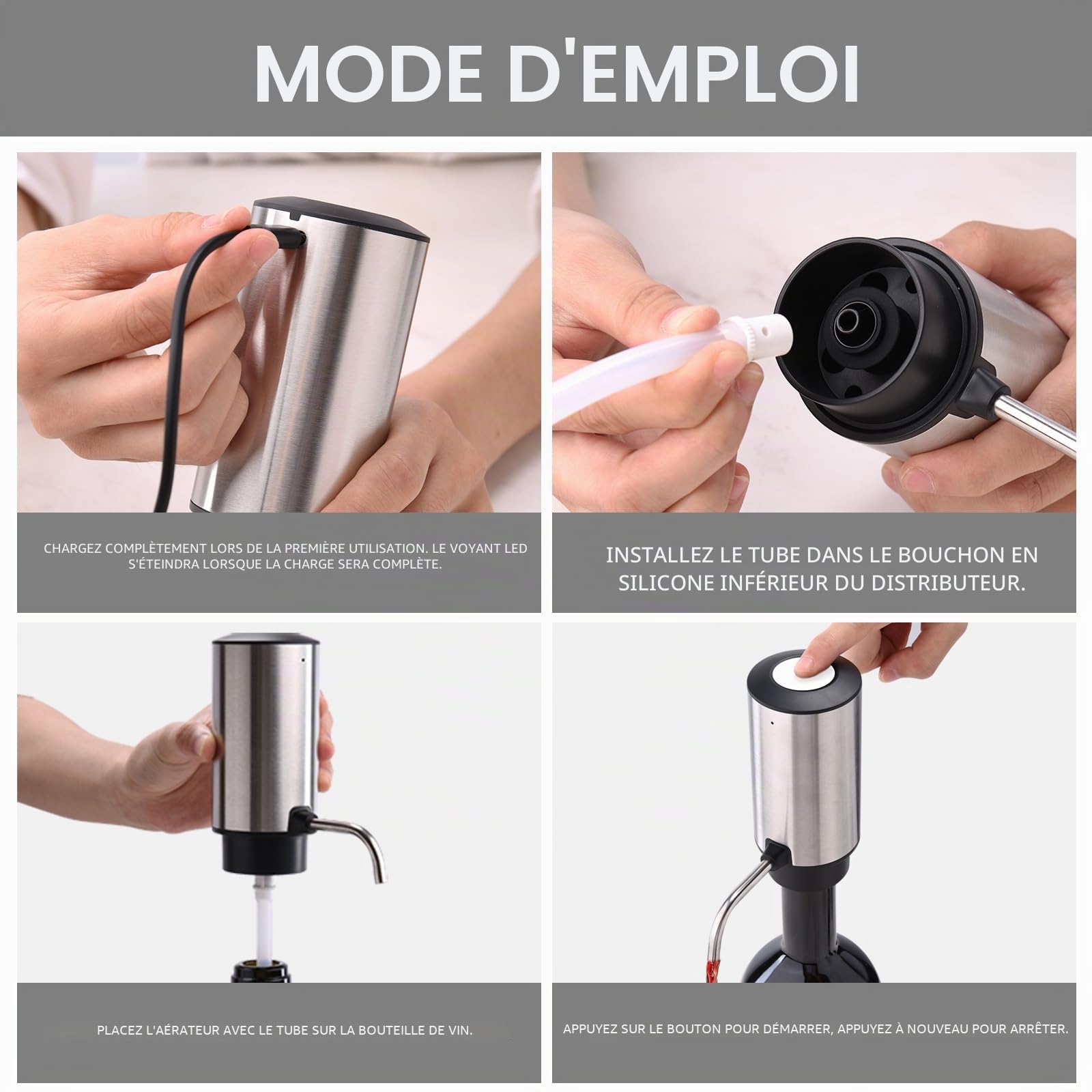 CIRCLE JOY Ensemble de Tire Bouchon Électrique 4-en-1 avec Ouvre Bouteille Rechargeable, Verseur Rechargeable, Coupe-Capsule et Bouchon à Vin sous Vide, Ensemble Cadeau pour Amateurs de Vin, Argent