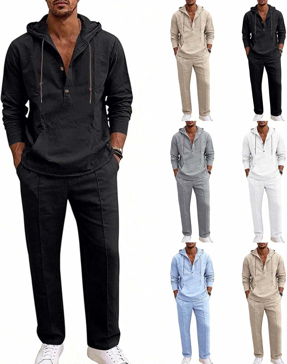 Cambkatl Men's Linen Suits Pullover Casual Long Sleeve Hoodies Henley Shirts Beach Yoga Pants Summer Vacation Outfits