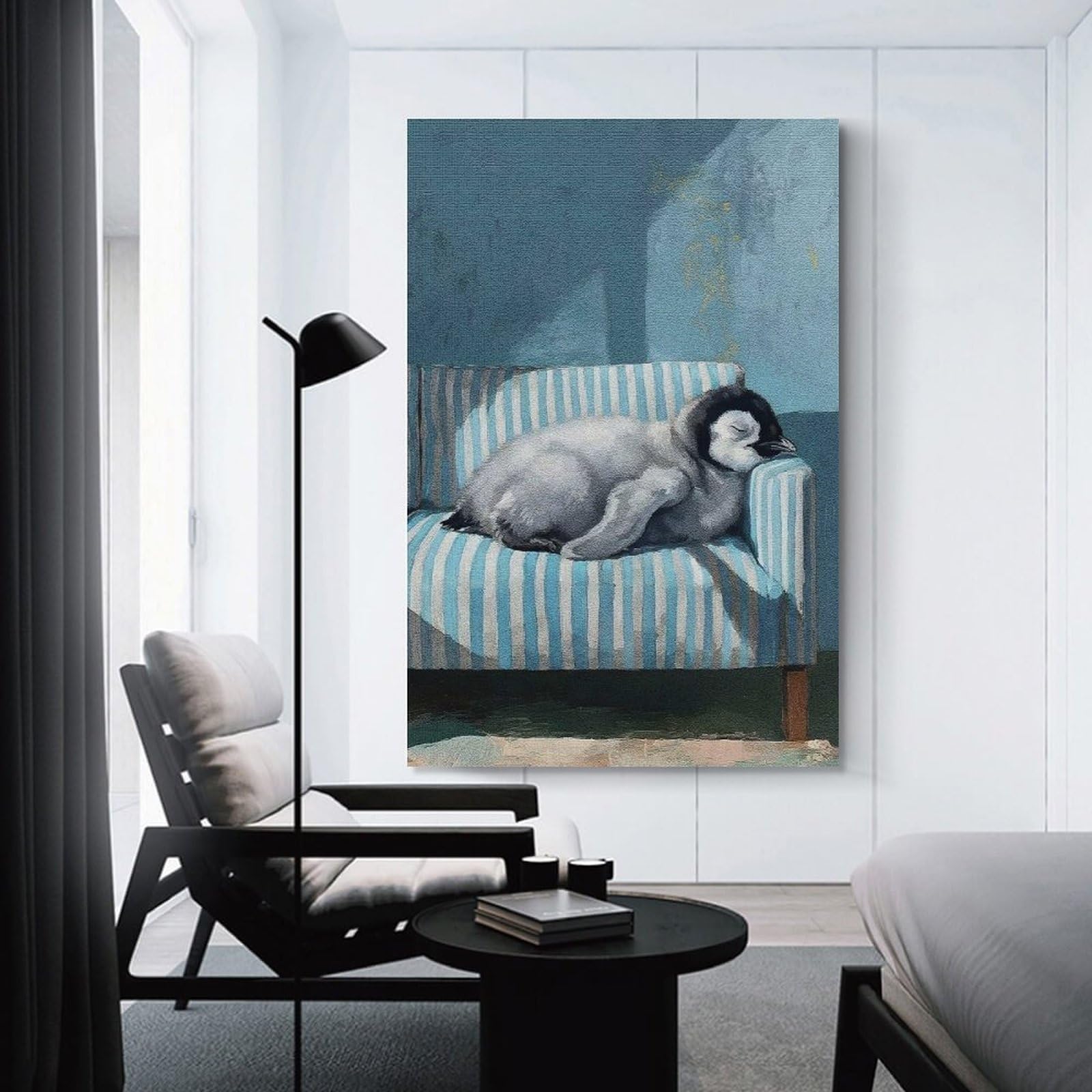 Junmoney Home Decor Wall Art Sleeping Penguin Chick on Striped Couch, 24x36inch(60x90cm), for New Homes, Bedrooms Or Workspaces, Home Decor Gift with Stylish Appeal
