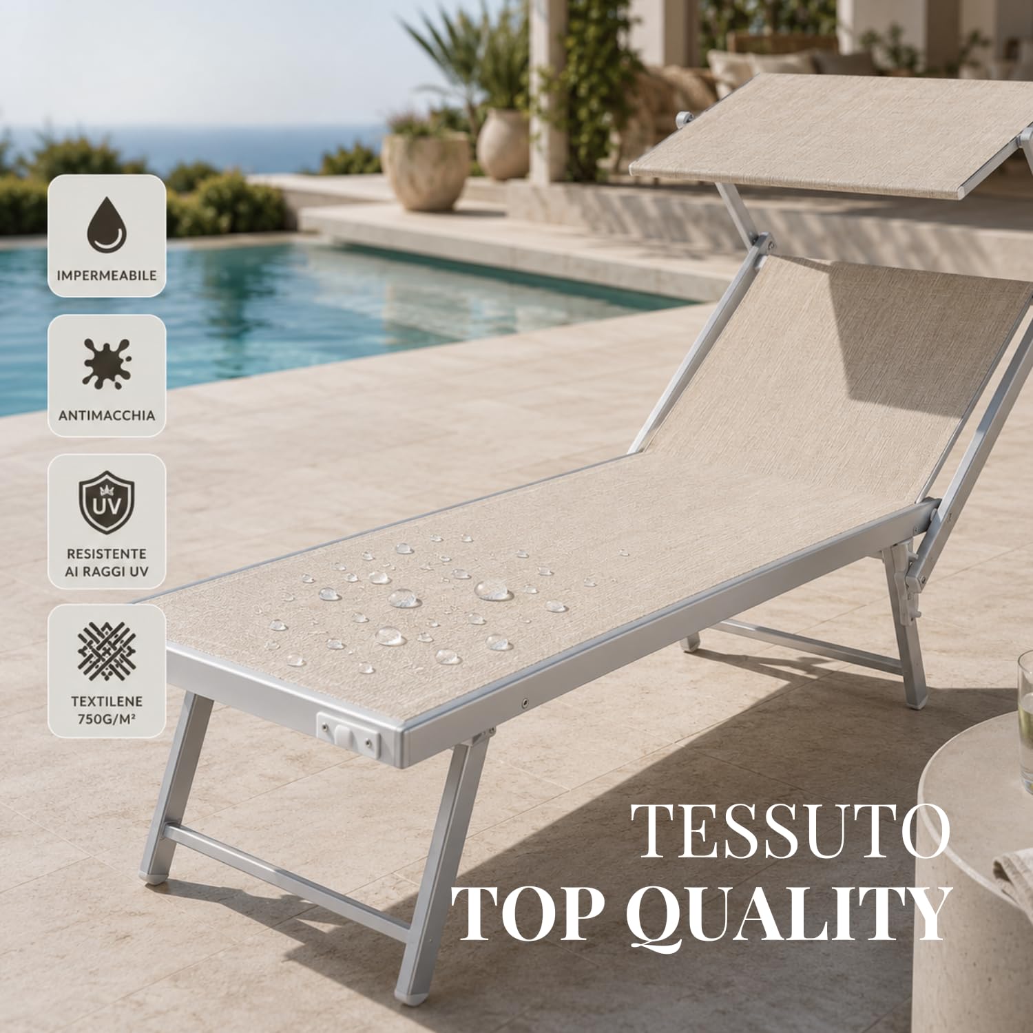PALUPLUS 2 Lettini Prendisole Professionali in Alluminio, Misura 186x61x40 cm, Tessuto Textilene, con Tetto Parasole e Schienale Regolabile, per Spiaggia, Lido, Piscina, Portata 150Kg -8458F (Crema)