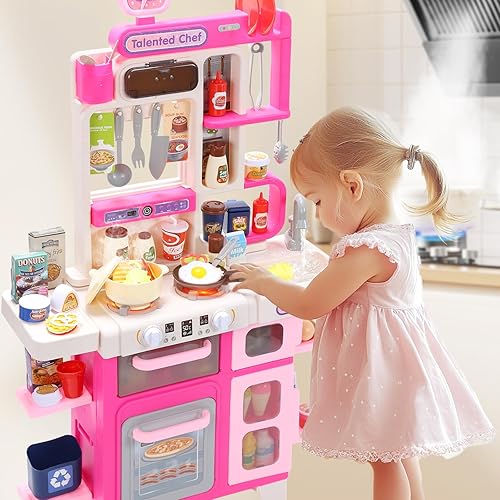 Miniatura 9 de CUTE STONE Juego de cocina para niños, juego de cocina con sonido y luz, estufa de cocina con vapor, fregadero de juguete, juguete de comida y
