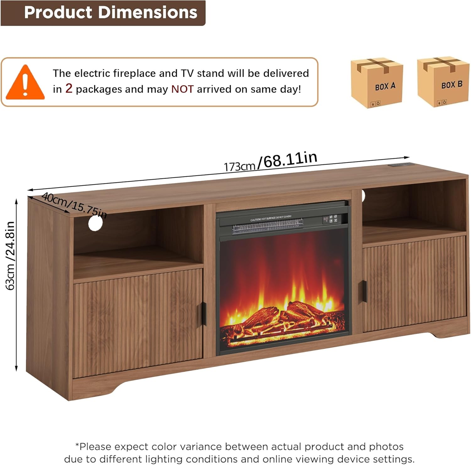 Diagram showing the dimensions of the Mxtxmy Fireplace TV Stand: 68.11 inches wide, 15.75 inches deep, and 24.8 inches high.