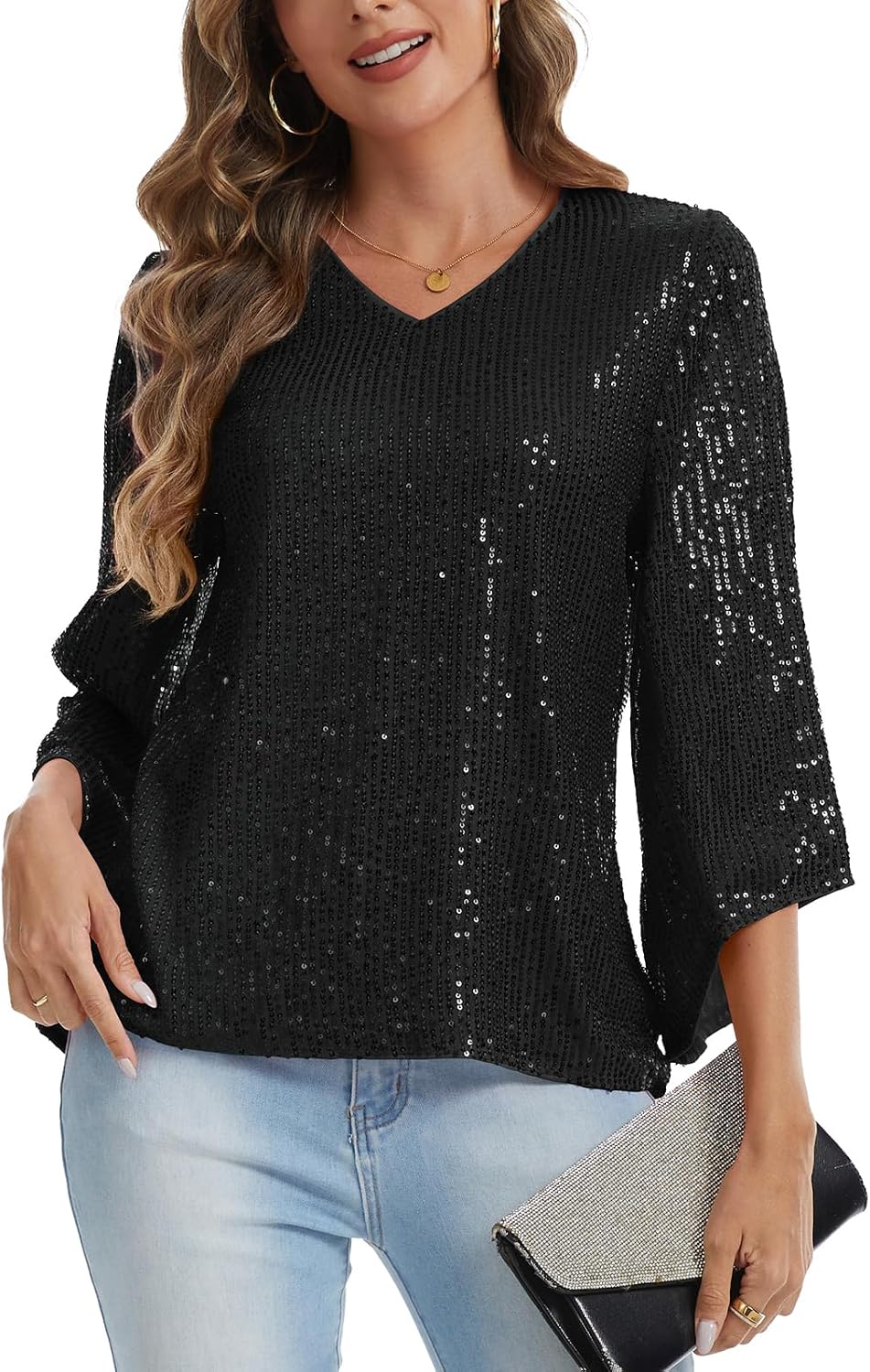 MINTLIMIT Women's Sequin Top V Neck 3/4 Sleeve Glitter Shirts Party Blouses