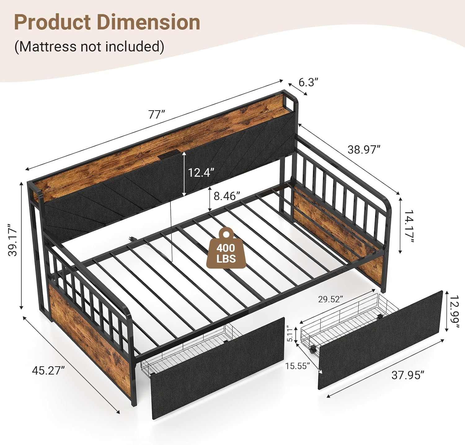 Detailed product dimension diagram of the daybed
