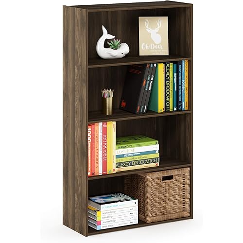 Furinno PASIR Book Shelf, 4-Tier Bookshelf, Bookcase with Open Shelf, 9.4 x 23.6 x 41.7, for Living Room, Bedroom, Home Office, Columbia Walnut