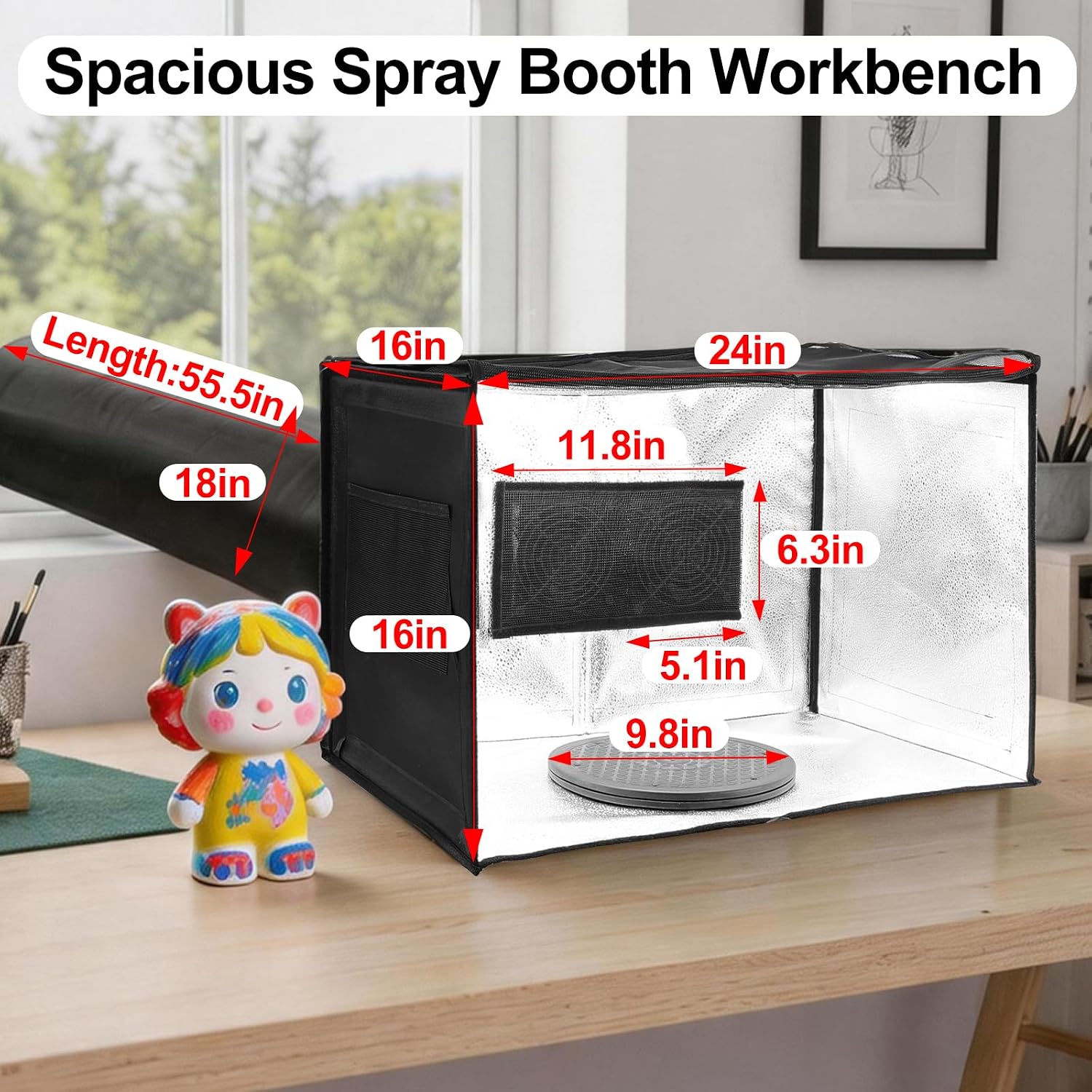 24x16x16 Airbrush Booth,Paint Booth with Dual Exhaust Fans&LED Lights,3 Size Anti-Noise Earplugs,5Filters Pad&360°Turntable Airbrush kit -Paint Tent for Spray Painting,Craft Model Making-Black