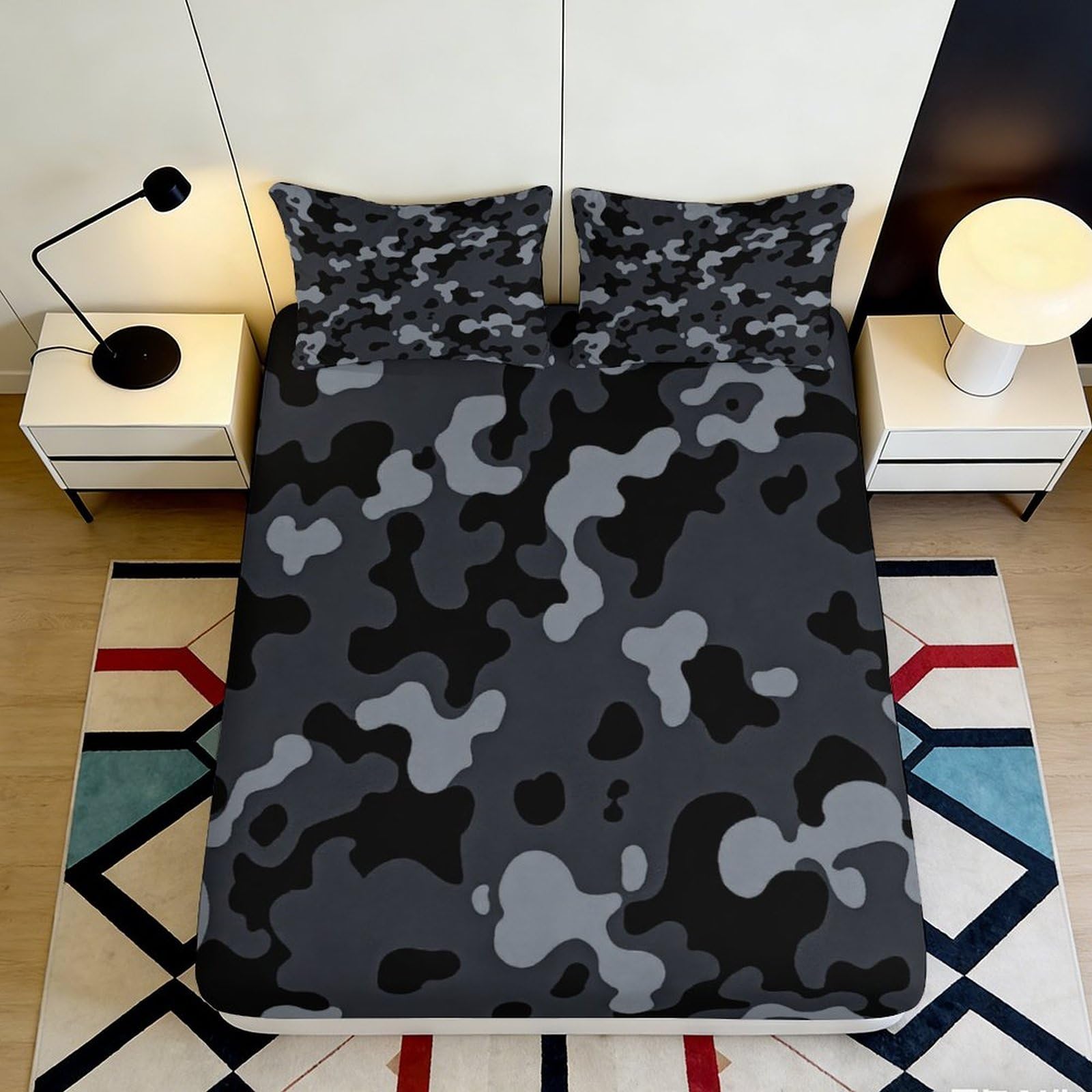 3D Printed Camouflage Fitted Sheet Microfiber Elastic Hem Deep Pocket Camouflage Mattress Fitted Cover Non-Slip Bedding for Bedroom Home 200x200x25cm