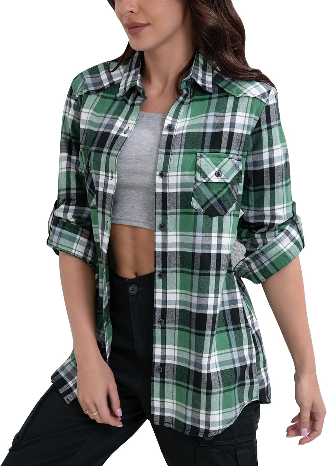 Match Womens Button Down Flannel Plaid Shirts roll up Long Sleeve Shackets Business Blouse Top