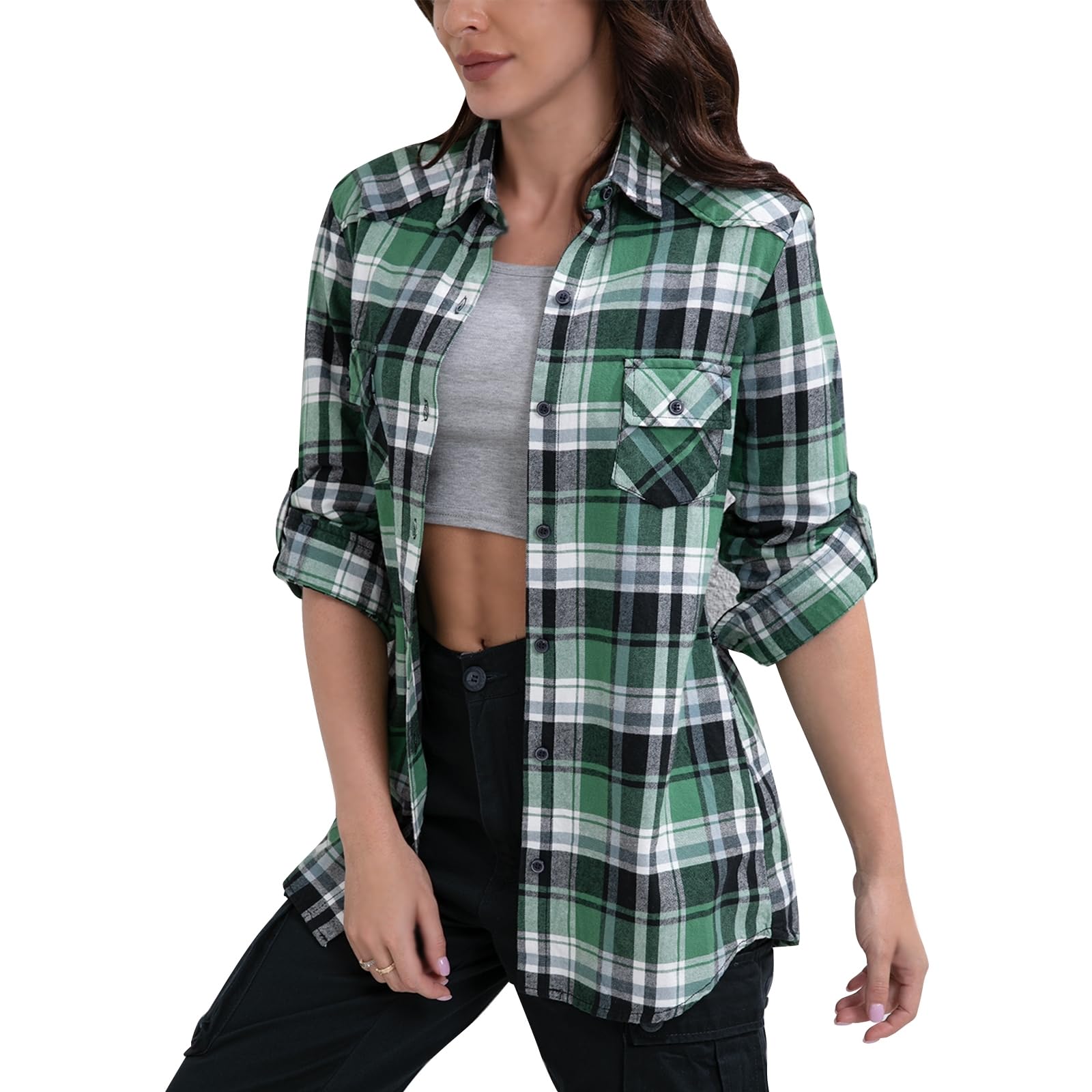 Match Womens Button Down Flannel Plaid Shirts roll up Long Sleeve Shackets Business Blouse Top