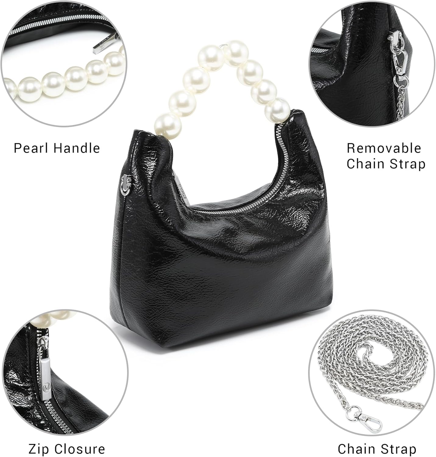 Pearl Handle Evening Clutch Purse for Women - Stylish Small Top Handle Handbags with Detachable Chain Strap for Wedding Party | Stylish, Small, Top Handle, for Wedding Party - Image 3