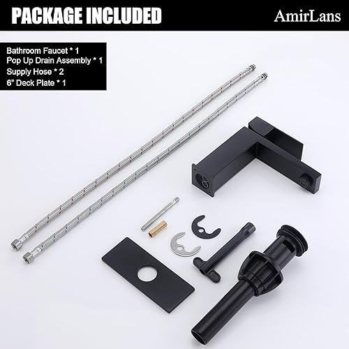 Miniatura 7 de Grifo negro para baño, grifo de baño negro mate de acero inoxidable con un solo orificio con drenaje emergente, grifo de una sola manija AML-1141-BK