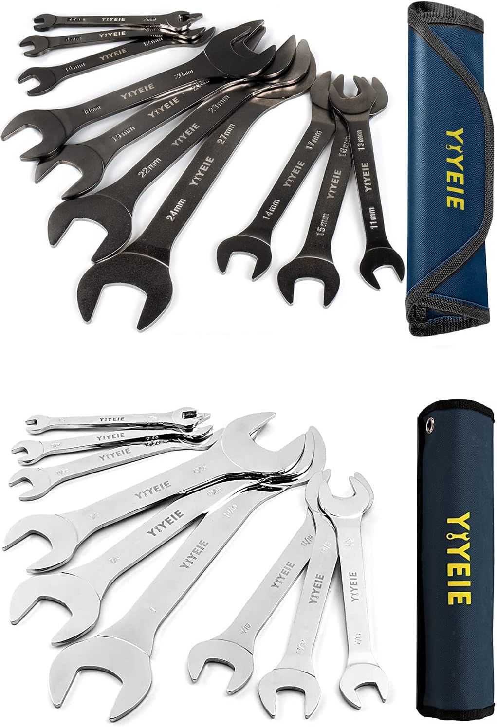 YIYEIE 19Pcs Super-Thin Open End Wrench Set Bundle, 10Pcs Metric and 9Pcs SAE, 5.5mm to 27mm & 1/4" to 1-1/16", Nickel Plating/Mirror Polish, with Rolling Pouch
