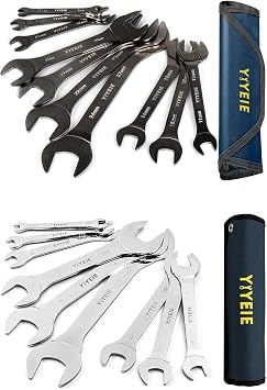 YIYEIE 19Pcs Super-Thin Open End Wrench Set Bundle, 10Pcs Metric and 9Pcs SAE, 5.5mm to 27mm & 1/4" to 1-1/16", Nickel Plating/Mirror Polish, with Rolling Pouch