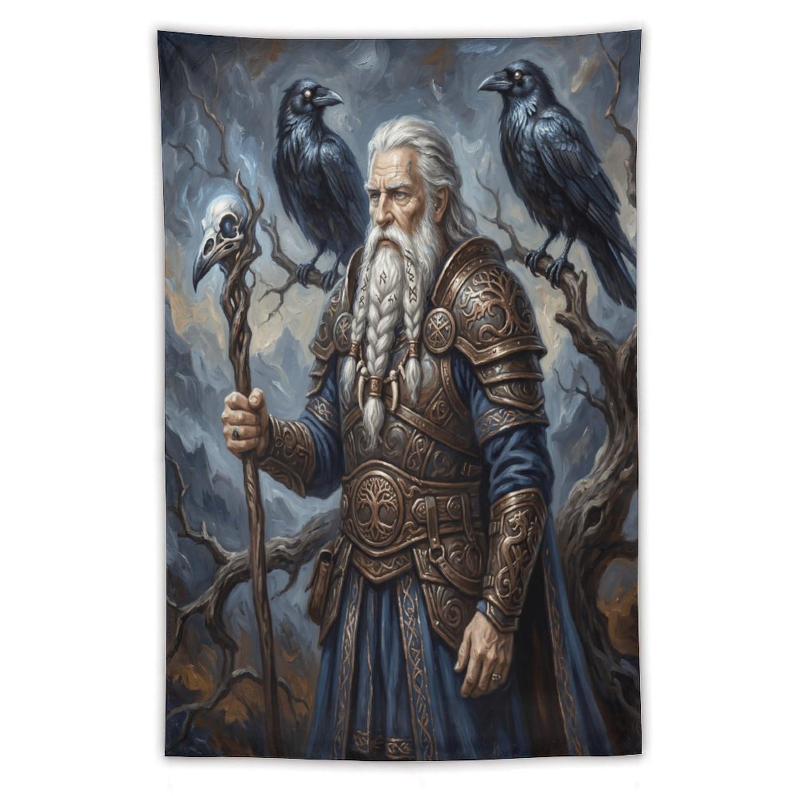 W7C8U2X3 Norse Mythology Odin Wall Tapestry, Detailed Illustration Style