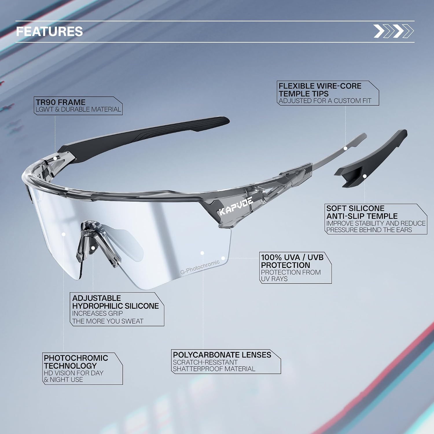 KAPVOE K198 Cycling Glasses, Photochromic or Mirrored Lens, UV400 Sport Sunglasses, TR90 MTB Road Bike Running