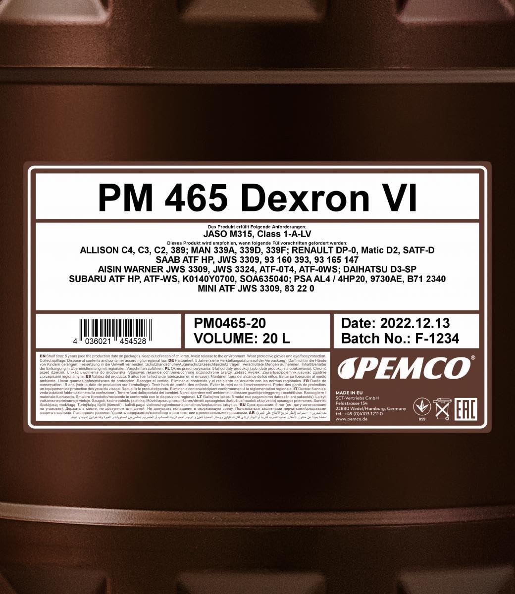 PEMCO iMATIC 465 DEXRON VI - Olio per cambio automatico D VI, MB 236.14, 20 litri