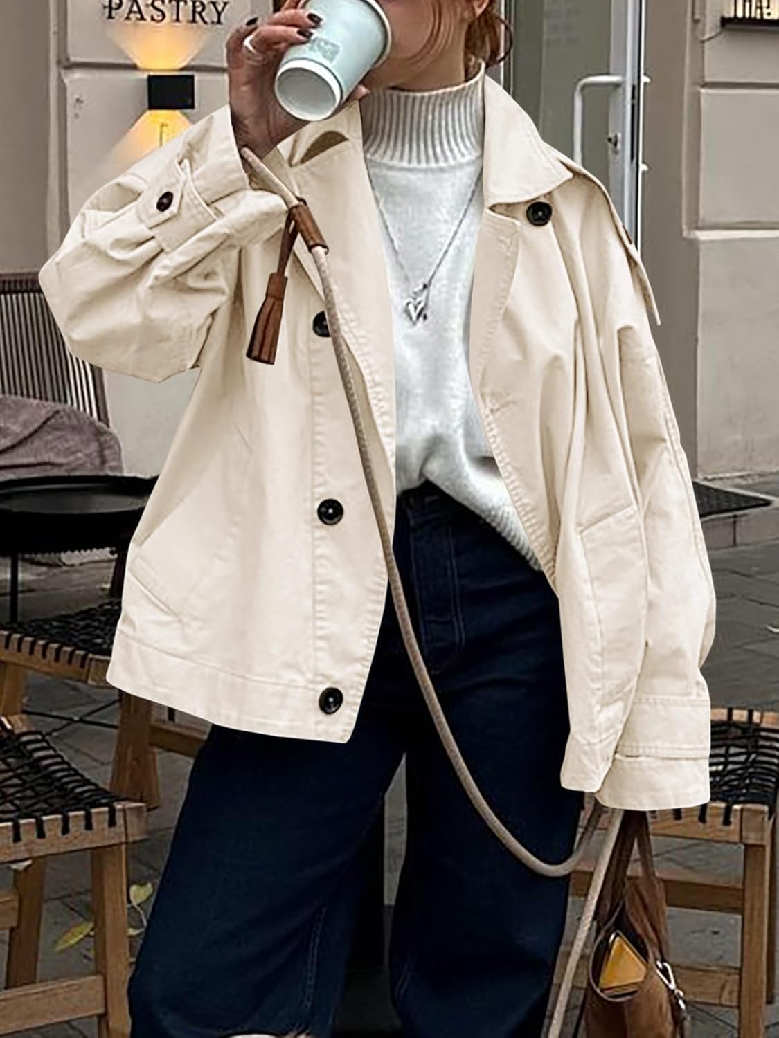 Tankaneo Womens Oversized Trench Coat Single Breasted Lapel Casual Coats Short Jacket Fall Outerwear - Image 3