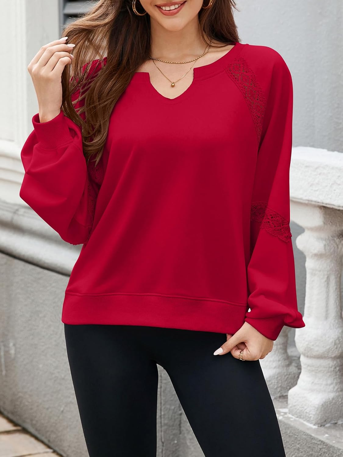 Womens Oversized Sweatshirts V Neck Lace Crochet Lantern Long Sleeve Pullover Cropped Tops Fall Outfits Clothes - Image 2