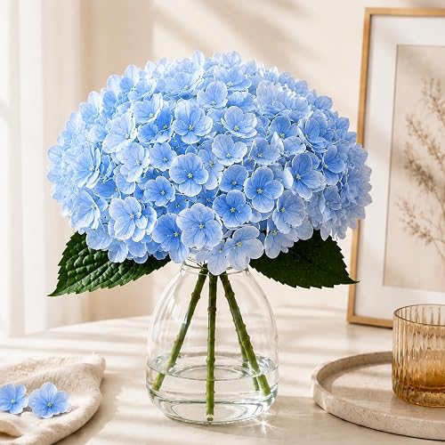 Blue Hydrangea Artificial Flowers in Vase for Table Centerpiece | Realistic Hydrangea Floral Bouquet with Lifelike Leaves for Boho Coastal Farmhouse Baby Shower Dining Table Office Decoration