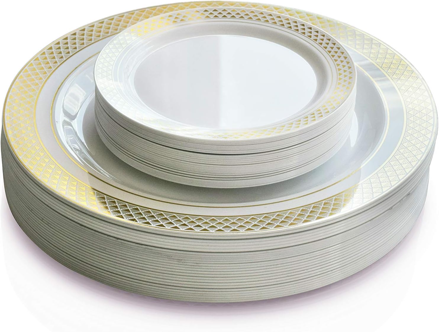 OCCASIONS 300 Pcs Set & 60 GuestWedding Disposable Plastic Plate & Silverware Combo Set (Celebration White & Gold plates, Gold Silverware)