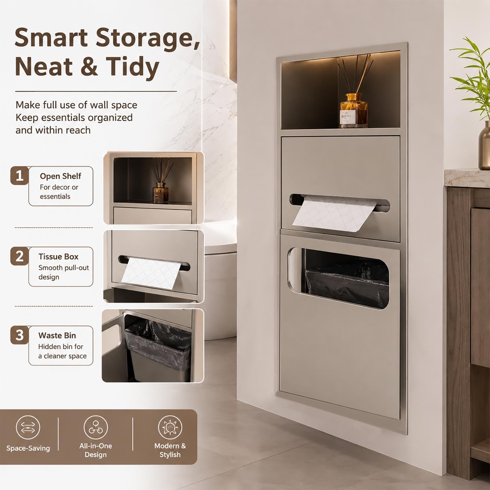 Nicho Oculto para Papel higiénico con Estante y Cubo de Basura