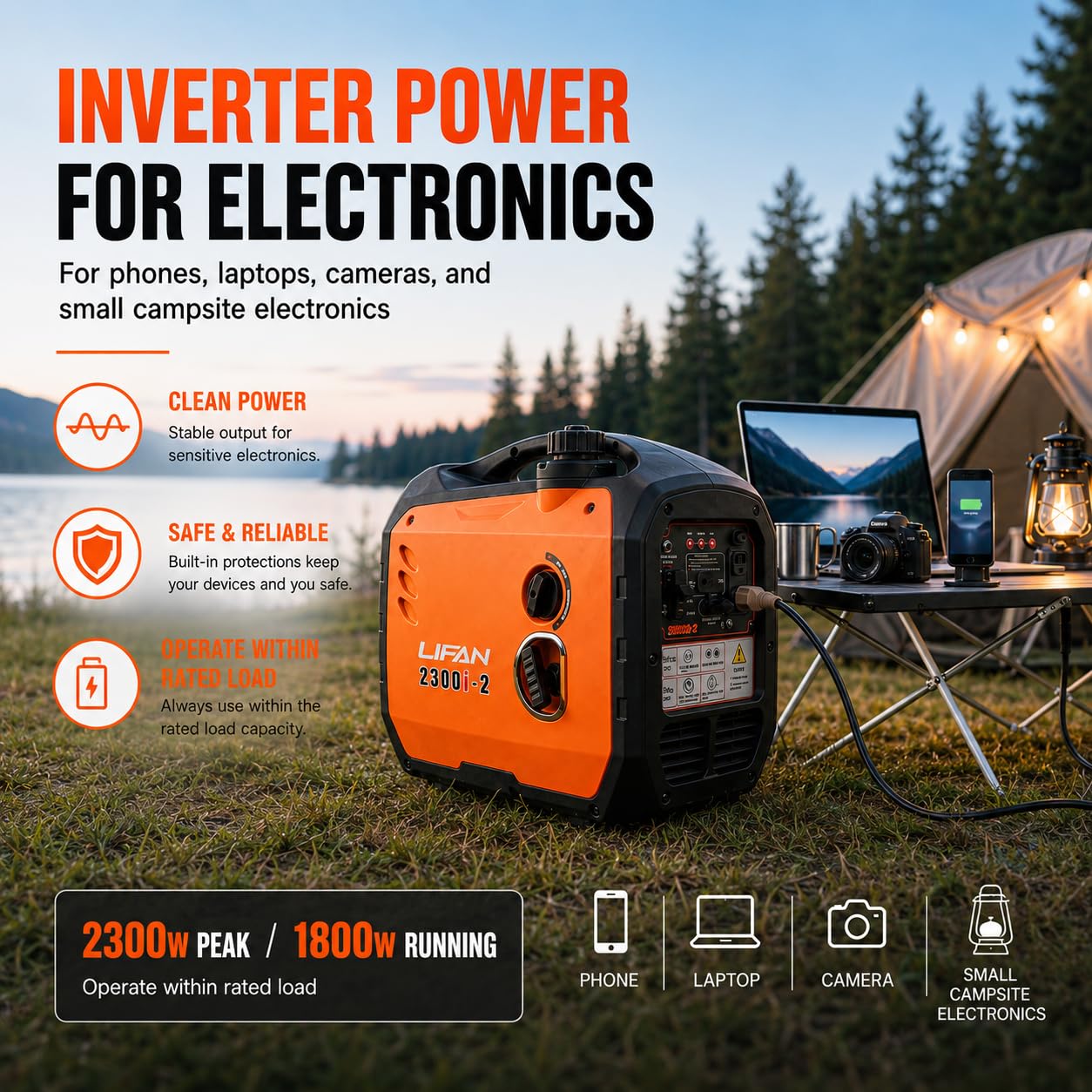 LIFAN Generador inversor de gasolina de 2300 W, portátil, silencioso y eficiente en combustible, solución de energía para el hogar, camping, RV y uso de emergencia con capacidad paralela