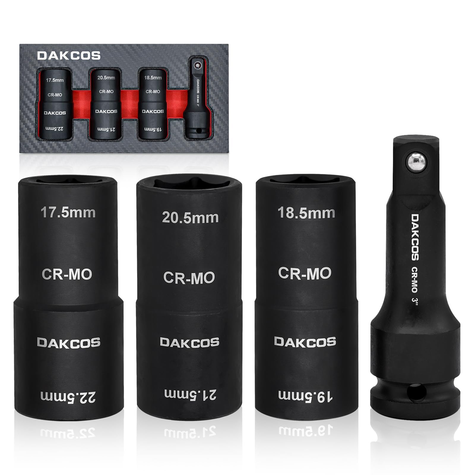 Dakcos Impact Wrench Sockets 18.5 X 19.5 Mm, 20.5 X 21.5 Mm, 17.5 X 22.5 Mm Power Socket Wrench For Wheel Nuts, Cr-Mo, 1/2" Drive For Special Aluminum Rims Wheel Change