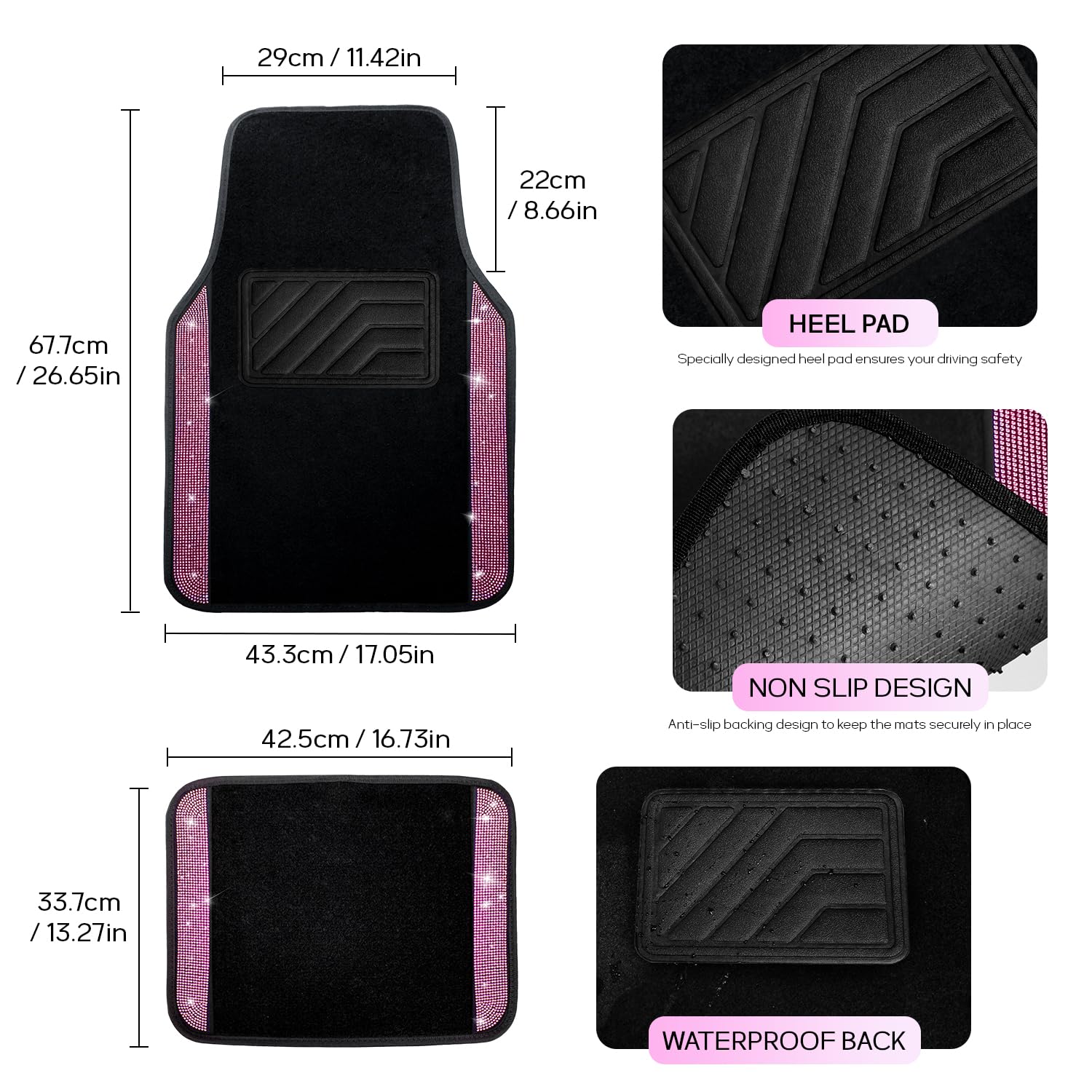Crystal Bling Diamond Car Floor Mats Shining Rhinestone Carpet Sparkly Glitter with Anti-Slip PVC Heel Pad Waterproof Universal — view 6