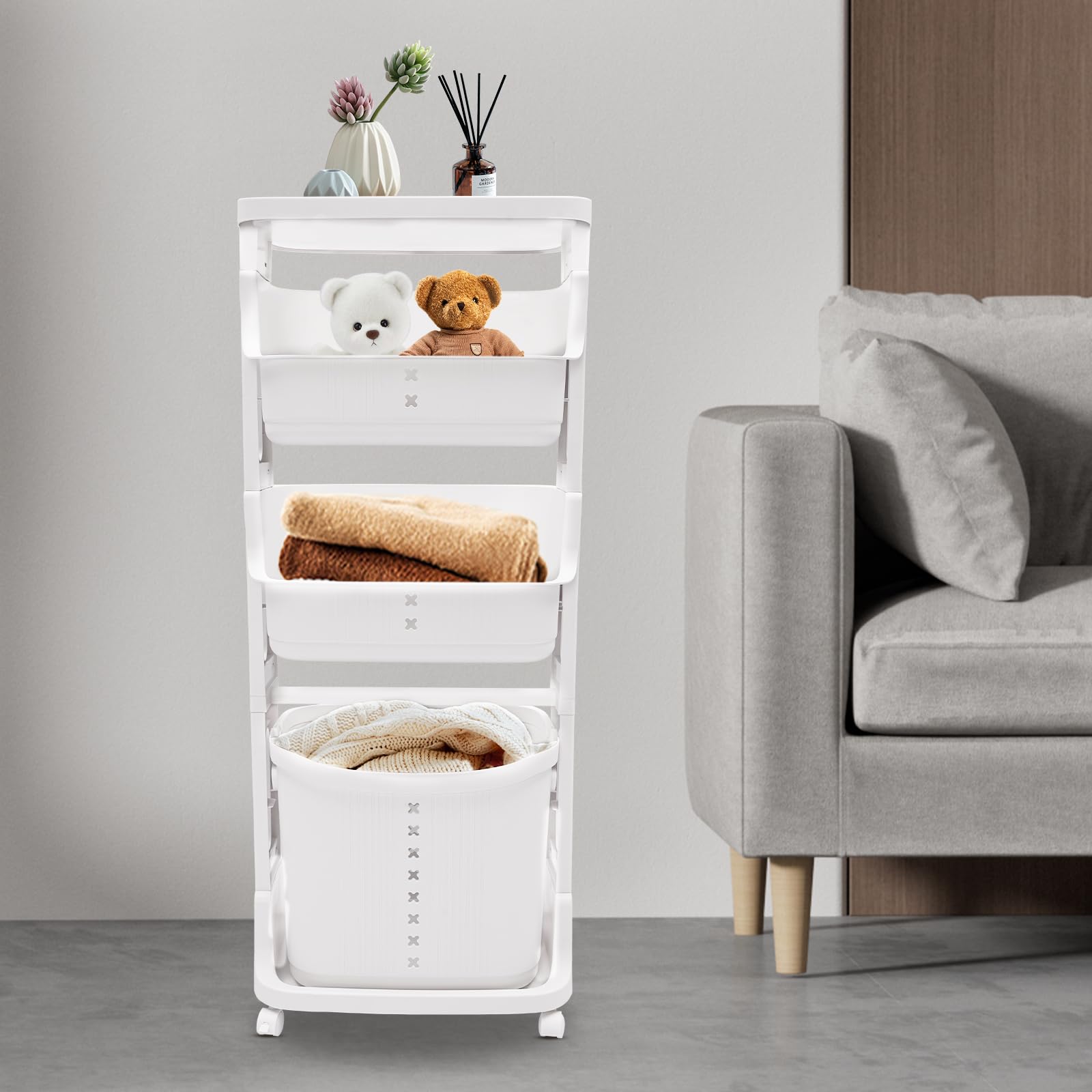 Wäschekorb 3 Fächer mit Rollen, Mehrstöckig Kunststoff Wäschekorb Wäschesammler Wäschebox, Laundry Basket mit Aufbewahrung (Weiß)
