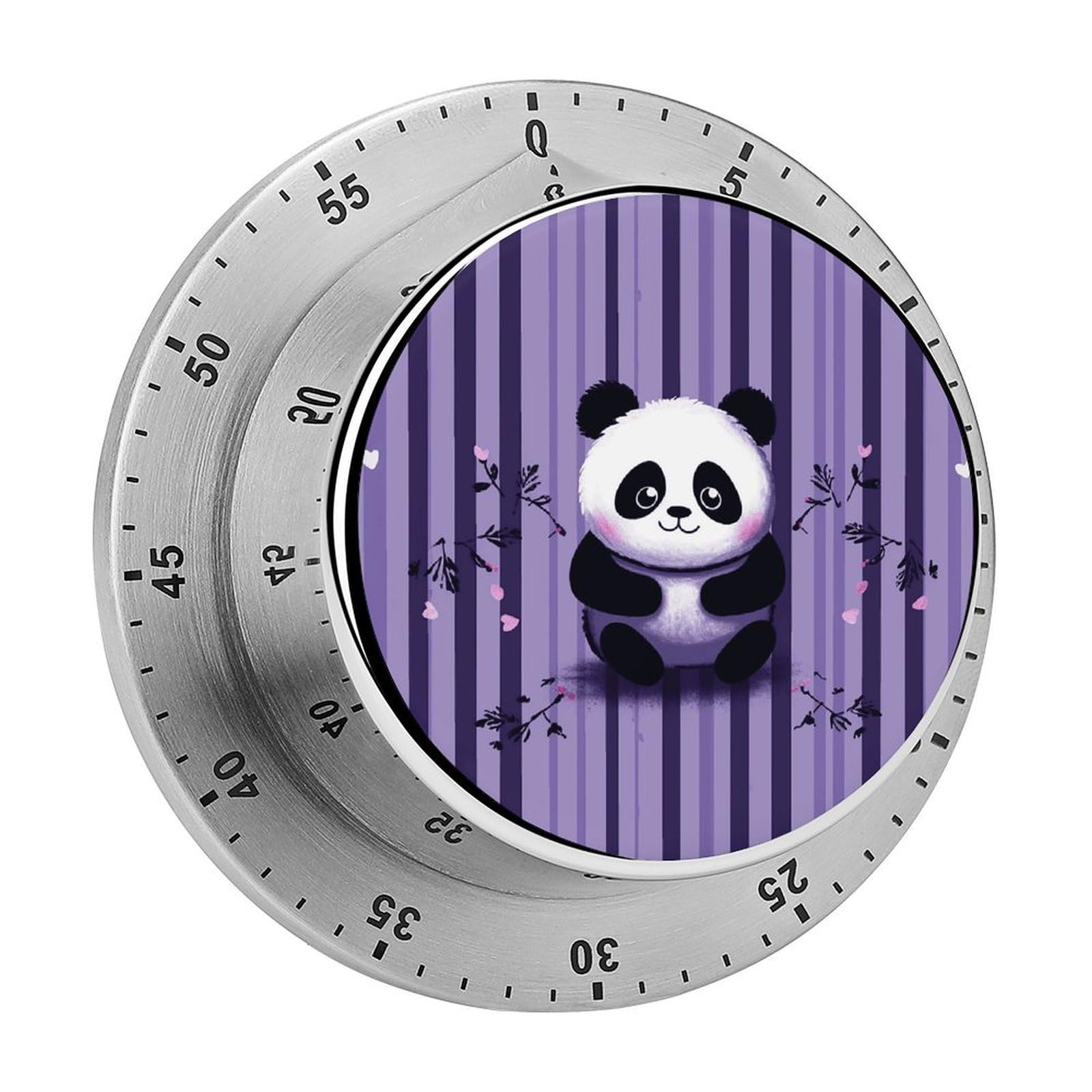Mechanical Kitchen Timer with Magnetic Back, Stainless Steel Manual Purple Striped Panda Printed Timer for Cooking and Time Management