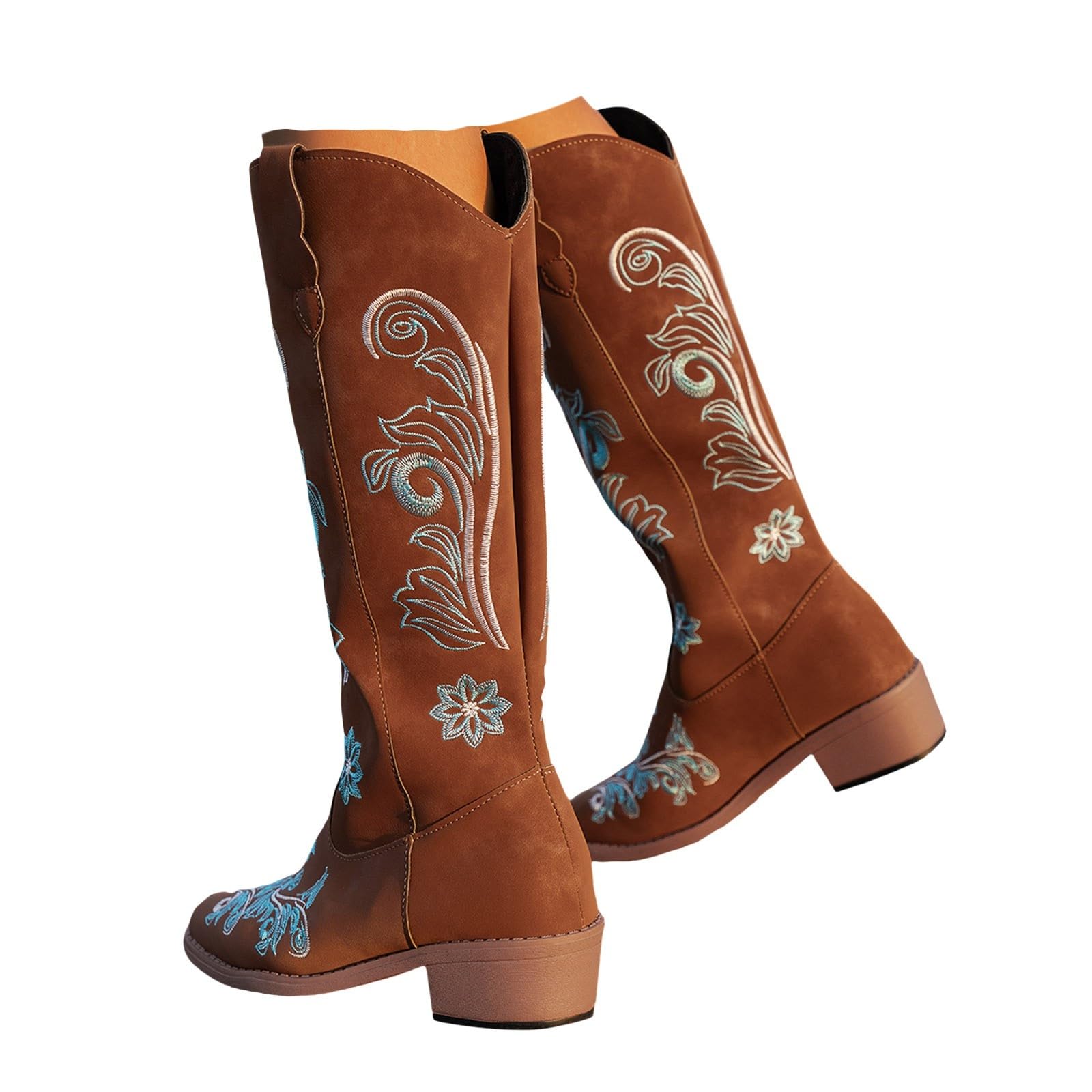 ZSpzx Women Cowboy Mid Calf Boots Blue Floral Embroidery Leather Western Cowgirl Booties V-Cut Wide Calf Square Toe