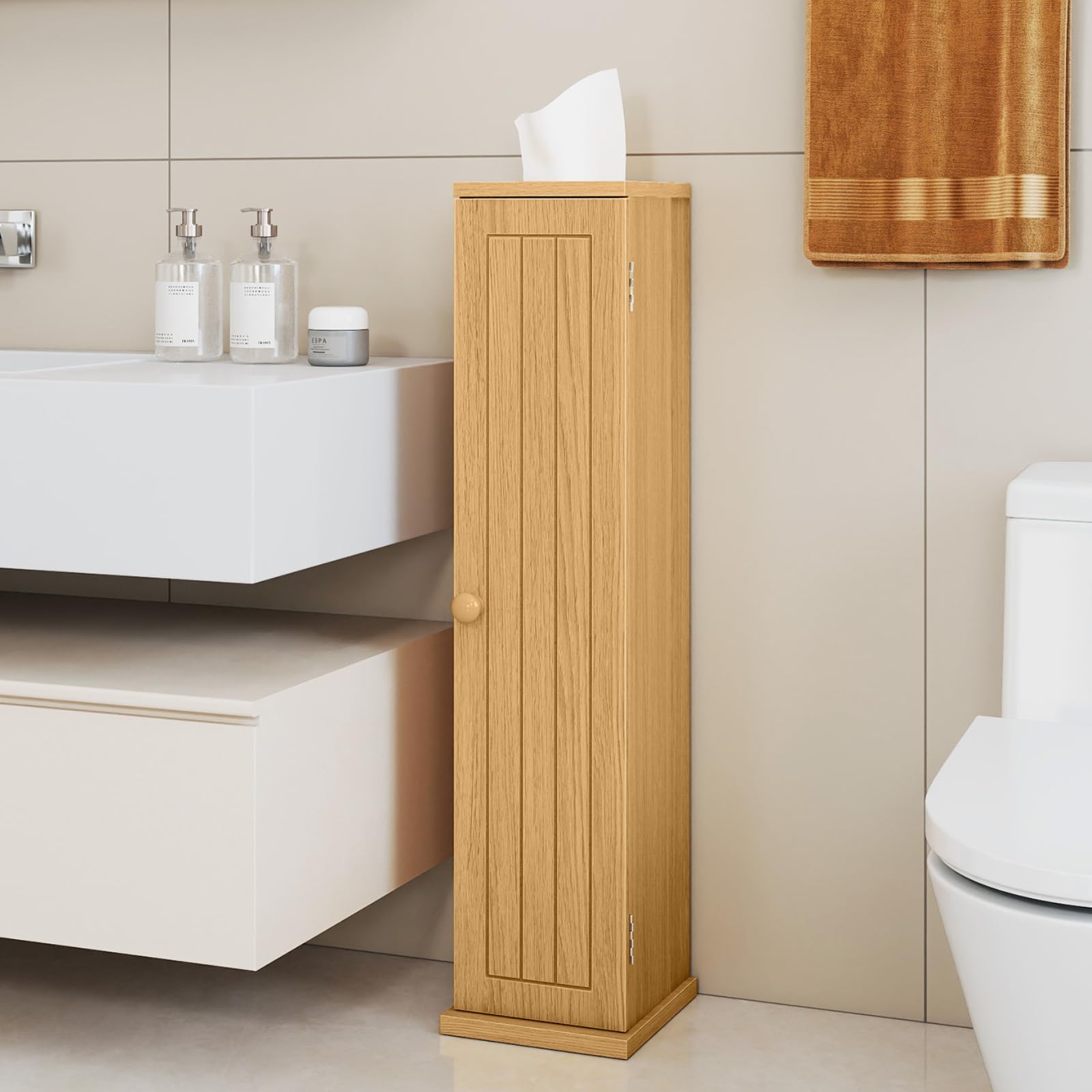RELAX4LIFE Freestanding Tissue Cabinet, Slim Bathroom Storage Cabinet with 3 Detachable Shelve & Top Slot, 5-Tier Floor Cabinet for Bathroom Bed Living Room (Natural)
