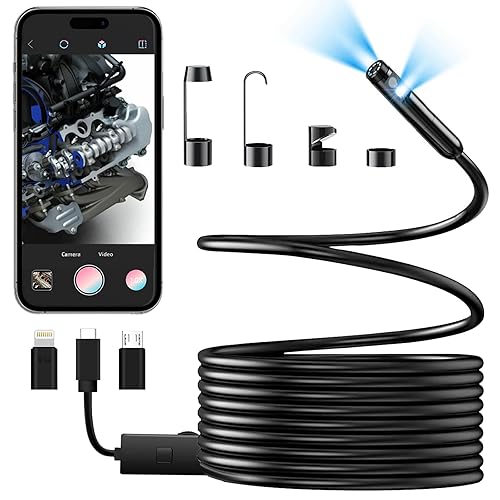 Miniatura 8 de Cámara endoscopio JSE con luz, boroscopio impermeable de 16.4 pies 1920P HD, cable semirrígido, cámara serpiente de inspección con 8 luces LED Negro