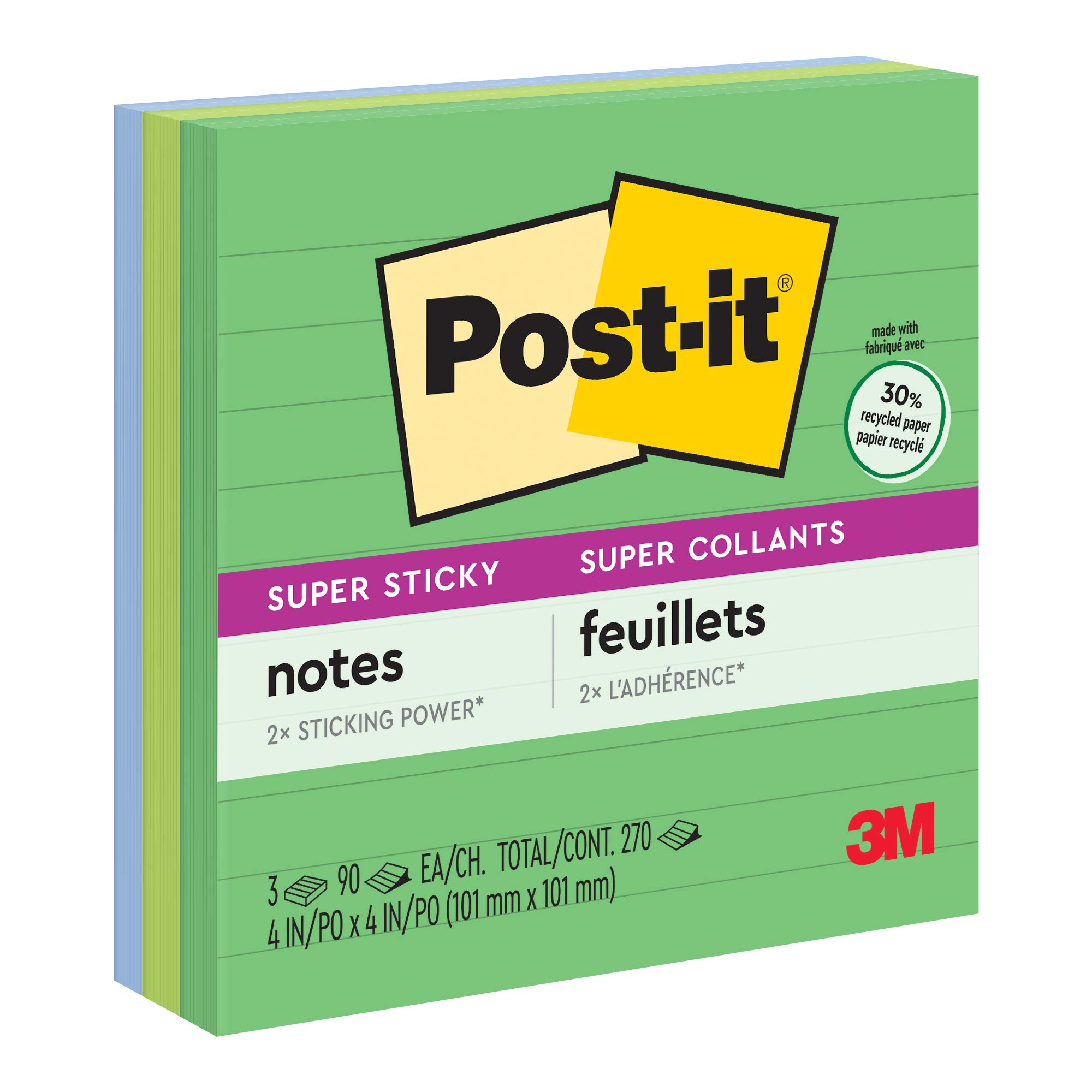 Post-it Notes Recycled Lined Super Sticky Notes, 4" x 4", 3 Pads, 90 Sheets/Pad, Bora Bora Colours