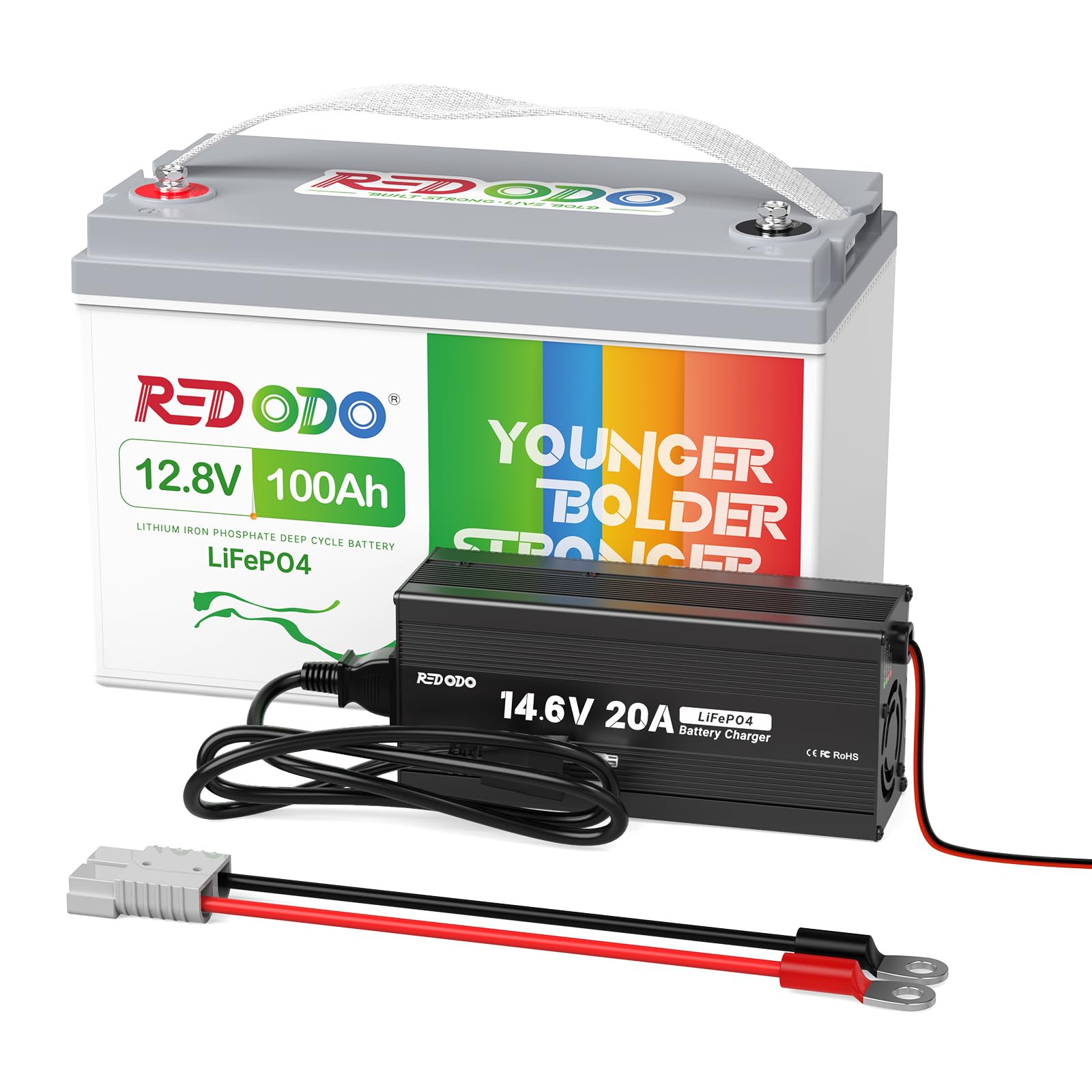 Redodo LiFePO4 akumulator 100 Ah 12,8 V z ładowarką LiFePO4 14,6 V 20 A, 5 godz. szybkie ładowanie 100 A BMS 4000+ cykli, 10 lat żywotności, ładowarka AC-DC, idealna do samochodów kempingowych, łodzi