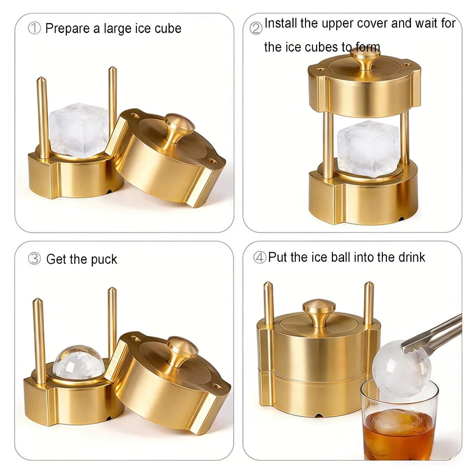 Kit de prensa de bolas de hielo, moldes de esfera de latón resistentes para whisky y cócteles, compresión rápida para esferas de hielo de 5,5 a 6,5 cm, perfecto para bares y fiestas en casa