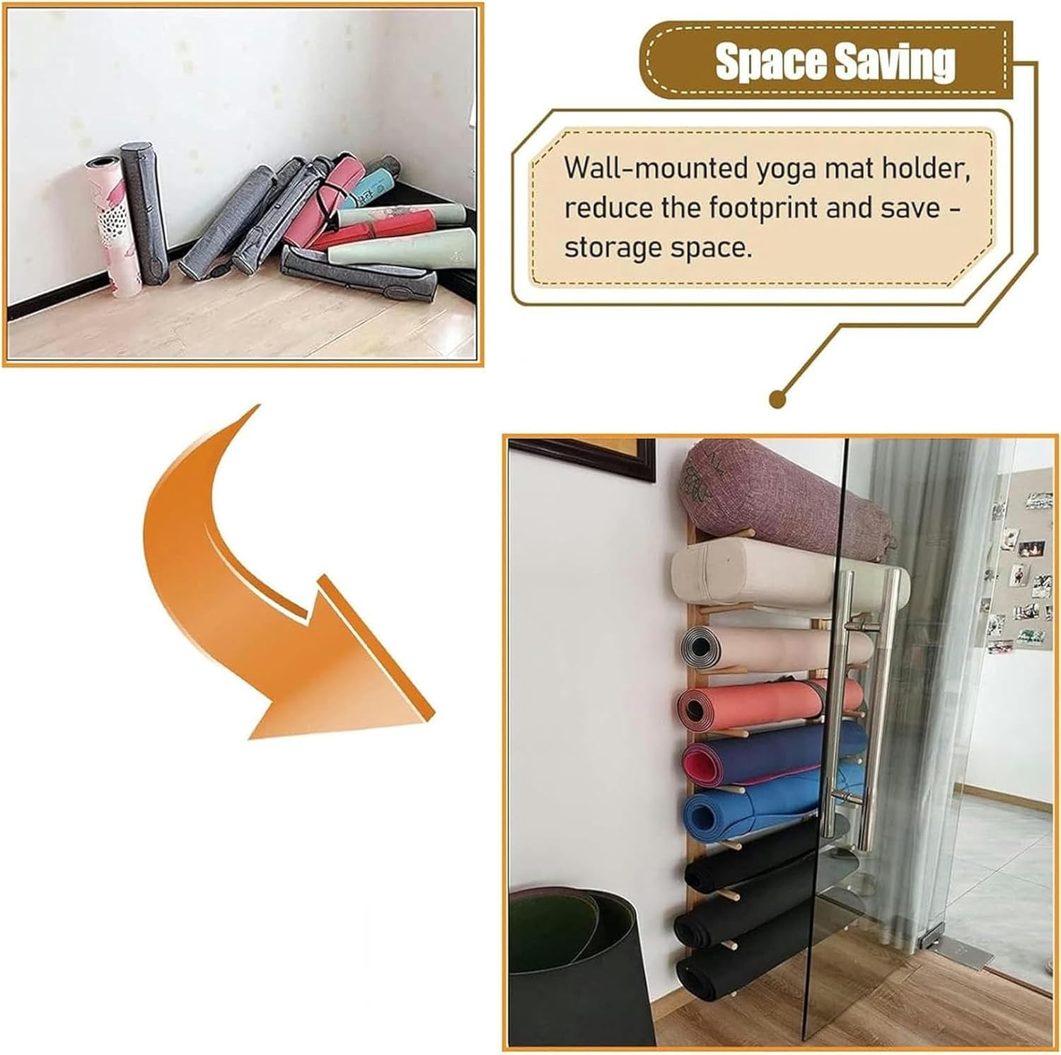 Wooden Yoga Mat Storage Rack, 6/9 Tier Roller Storage Holder Wall Mount, Large Capacity Exercise Mats Display Stand Wall Yoga Shelf for Gym Studio Office Foam