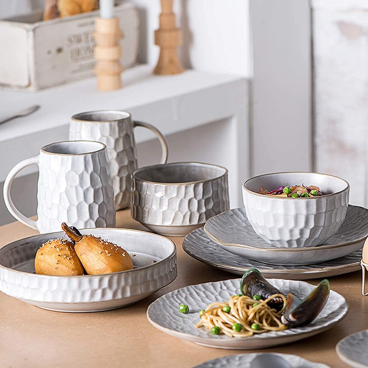 Ensembles de Vaisselle Ensemble de Vaisselle, Ensembles de Table en céramique, Bol à céréales Blanc 39 pièces, Assiette à Steak et Tasse en Porcelaine de Style (
